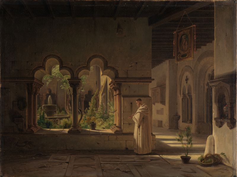 Kreuzgang in San Pablo zu Barcelona de Wilhelm Gail, óleo que muestra arcos arquitectónicos y columnas.