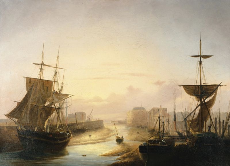 Marine by Louis-Honoré-Frédéric Gamain, oil on canvas depicting sunlight over tranquil water