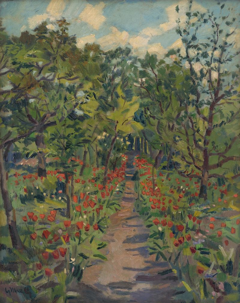 Landscape of a park with figures under fading sunlight, oil painting by Gustáv Mallý.