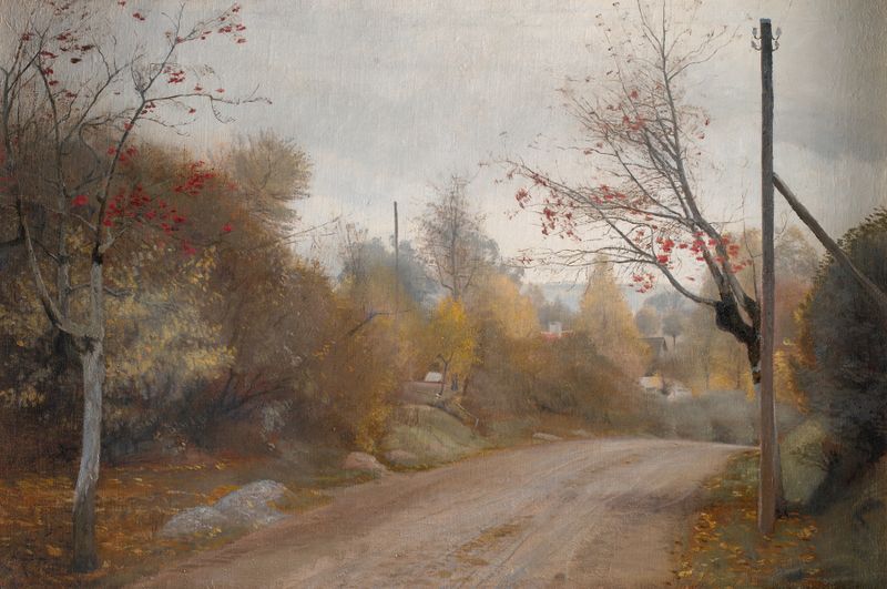 Oil painting by Laurits Andersen Ring depicting a winding road through autumn trees
