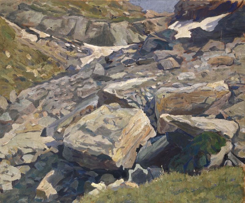 Scree with a Patch of Snow de Ernst Schiess, pintura al óleo que representa un terreno áspero con un parche de nieve.