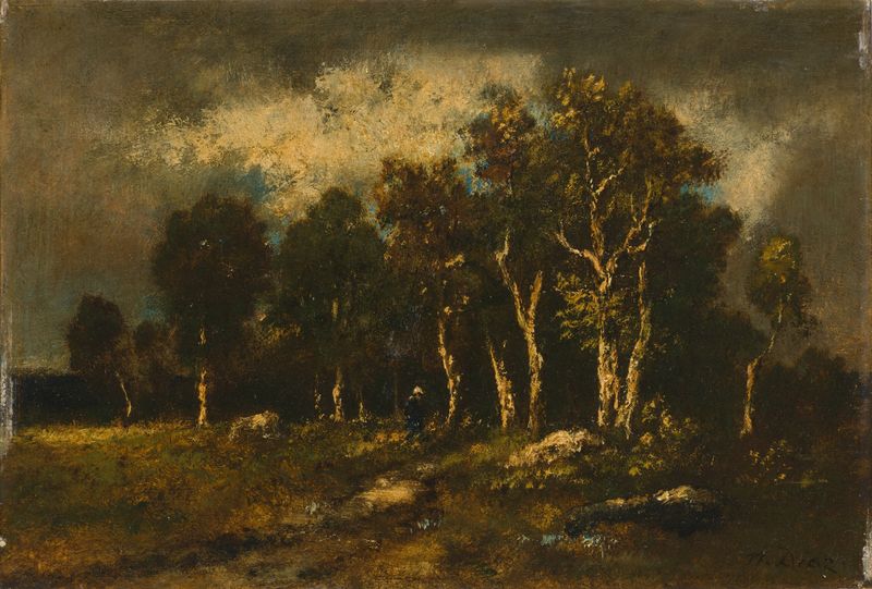 Landscape by Narcisse Virgile Diaz de la Peña, oil on panel depicting a tranquil hill with sunlight.