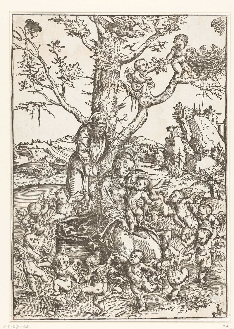 Rest on the Flight into Egypt, paper, Lucas Cranach I, Virgin Mary and child in golden light