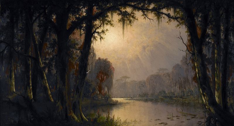 Bayou Teche, Louisiana de Joseph Rusling Meeker, óleo sobre tela que retrata um sereno bayou ao entardecer.