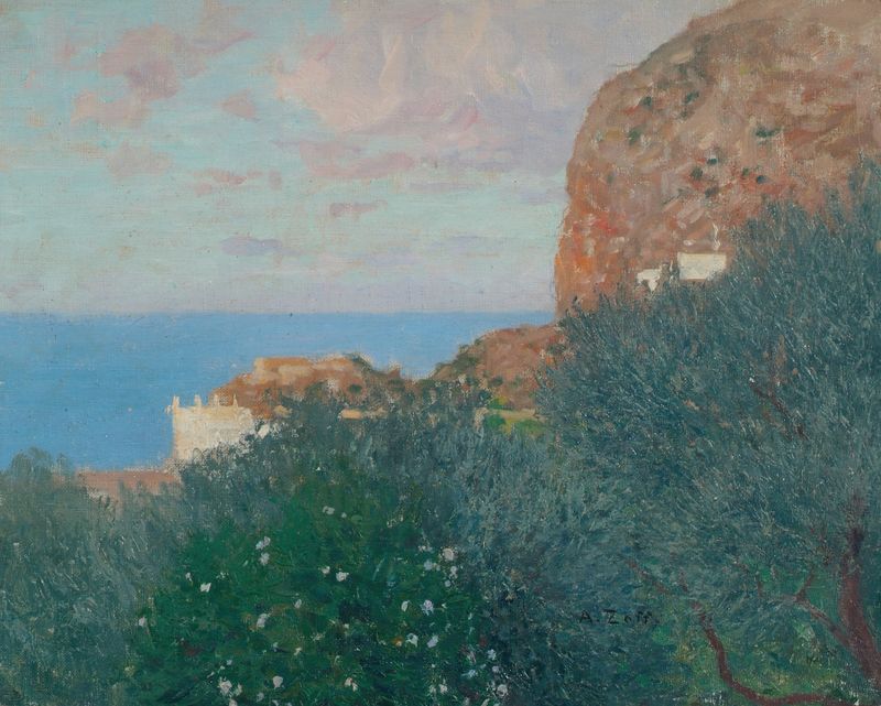 Capri de Alfred Zoff, un paisaje impresionista en óleo con colinas y aguas brillantes.