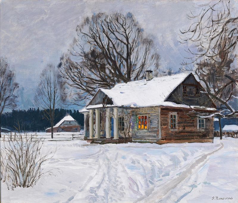 A Country House at Dusk in Winter de Stanislav Yulianovich Zhukovsky, pintura al óleo que representa un paisaje invernal.