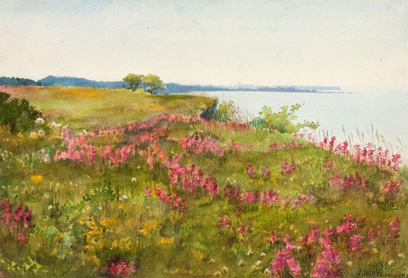 Lilly Walther oil painting depicting a vibrant landscape with a lush meadow and flowers.