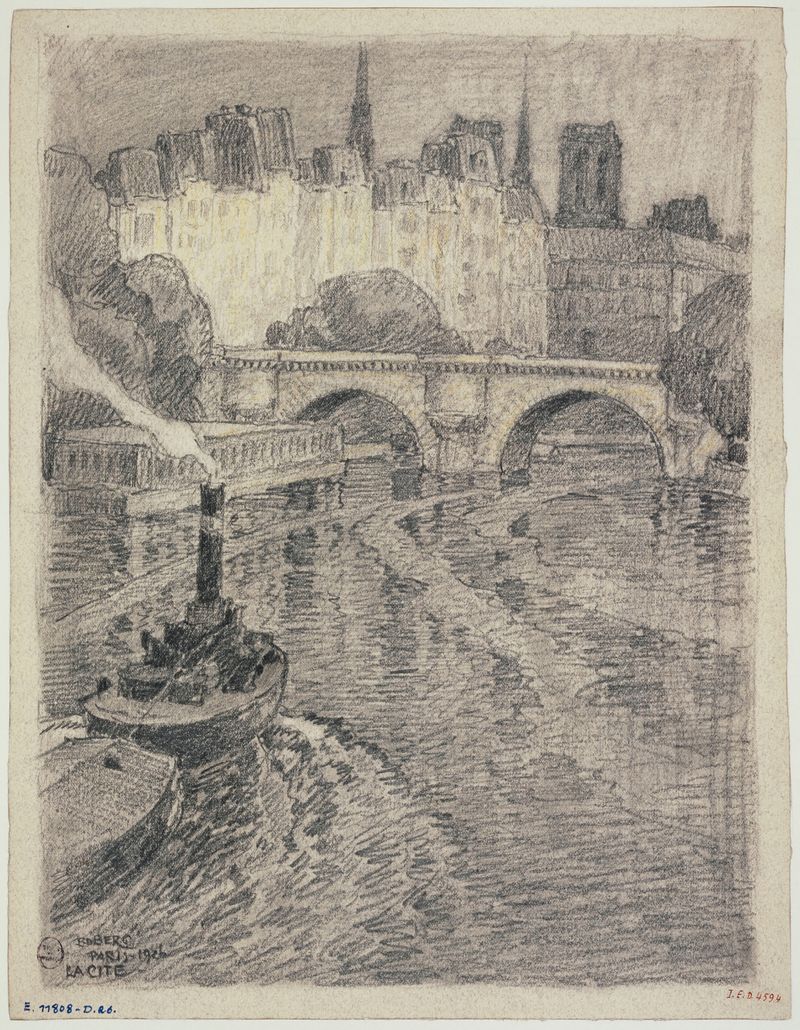 Obra de modernismo de Ferdinand Boberg mostrando uma paisagem urbana com uma ponte à noite