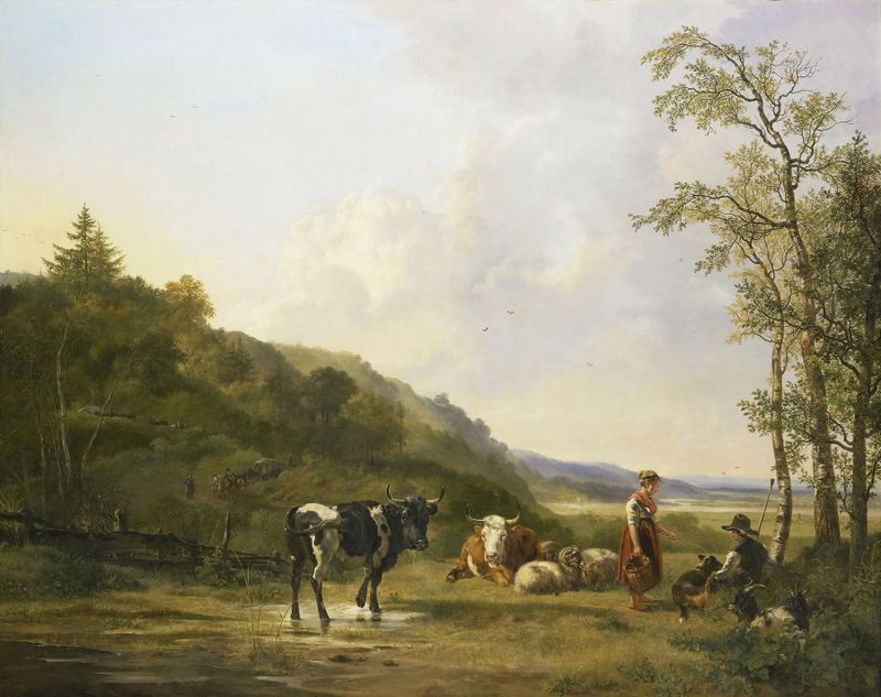 Landscape with Herdsmen and Cattle by Pieter Gerardus van Os, oil painting depicting herdsmen with cattle in a serene landscape.