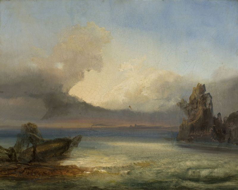 Marine landscape by James Baker Pyne, oil painting depicting ocean waves and a cloud-streaked sky.