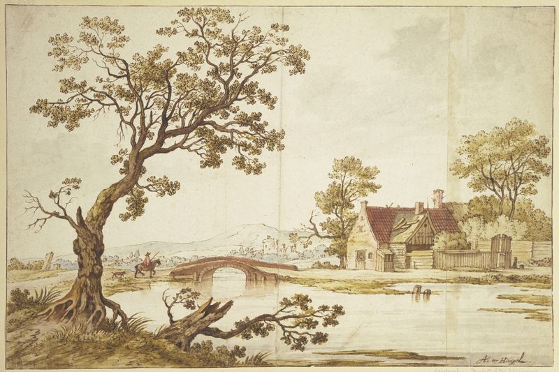 Landscape oil painting by Aernout Ter Himpel featuring a farmhouse and a bridge.