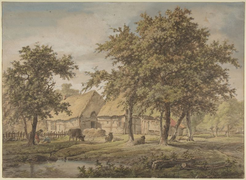 Paisagem com uma Casa de Campo, óleo sobre tela de Adrianus de Visser, com suaves tons verdes e um ambiente tranquilo.