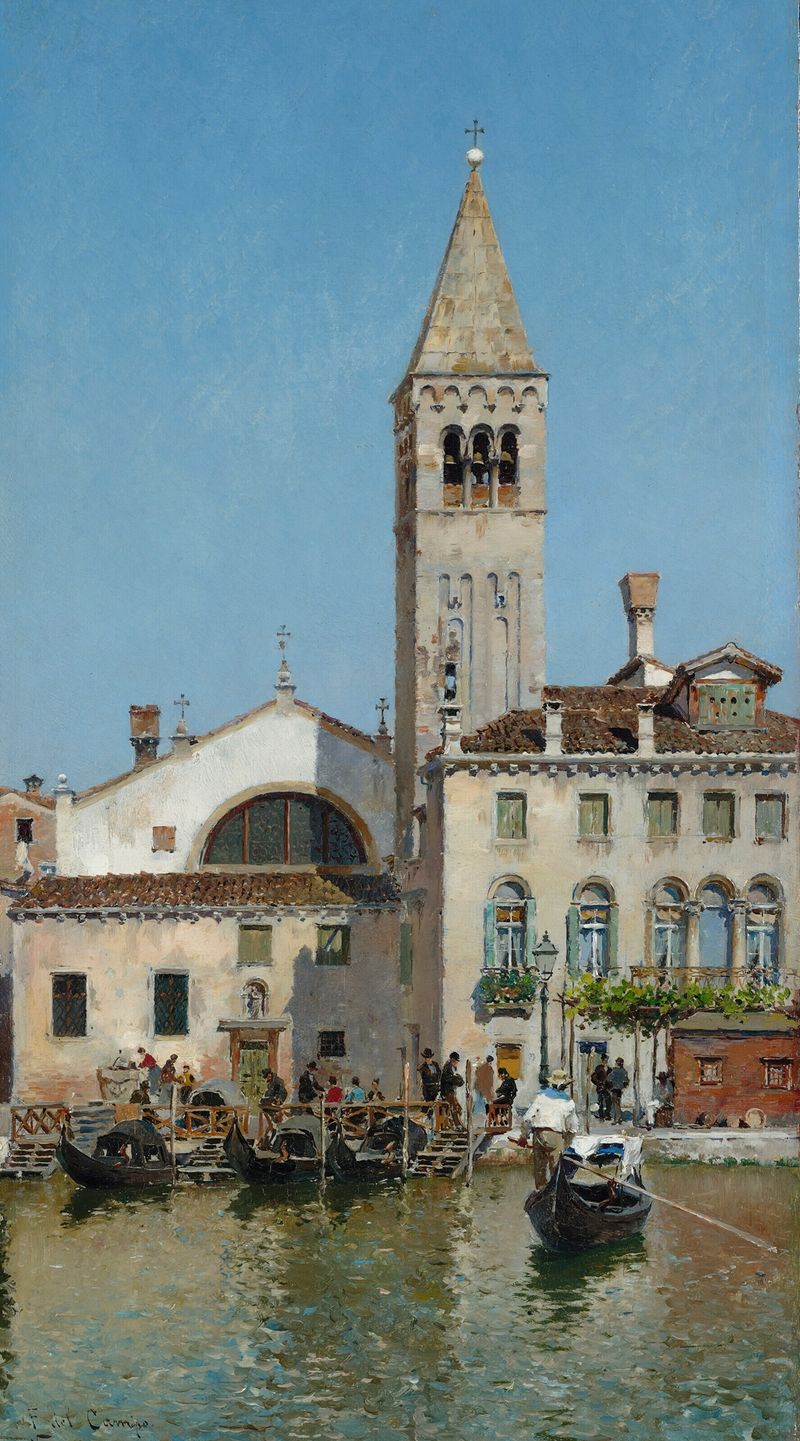 View of Venice by Federico del Campo, oil on canvas, depicting canals and sunset reflections.