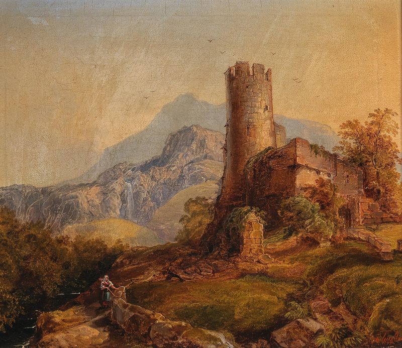 A mountainous landscape with castle ruins and figures, oil painting by Julius Theodor Gruss