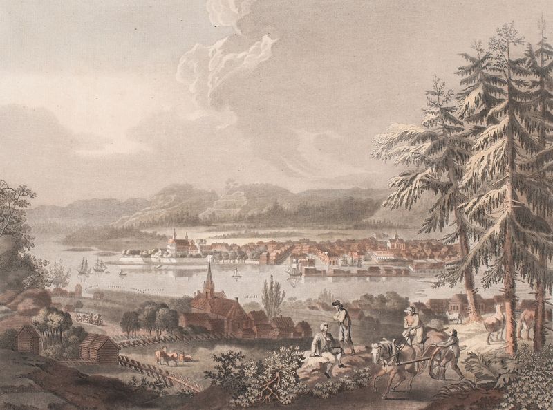 Landscape oil painting by Georg Haas depicting a city at dusk.