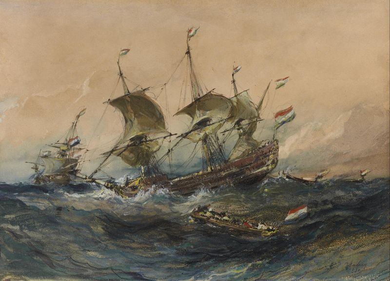 Barcos Holandeses em uma Tempestade, óleo de Eugène Isabey retratando um mar turbulento e nuvens escuras.