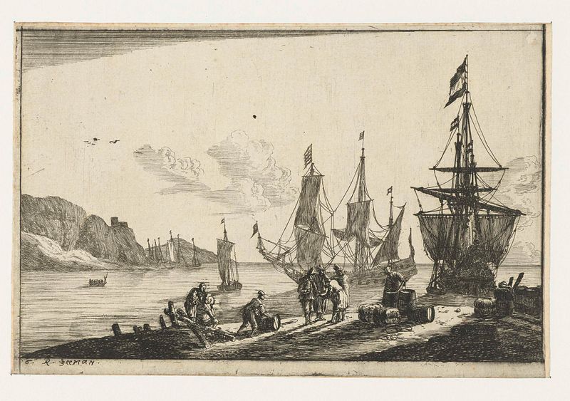 Gravura de Reinier Nooms mostrando uma cena de porto com barcos e marinheiros