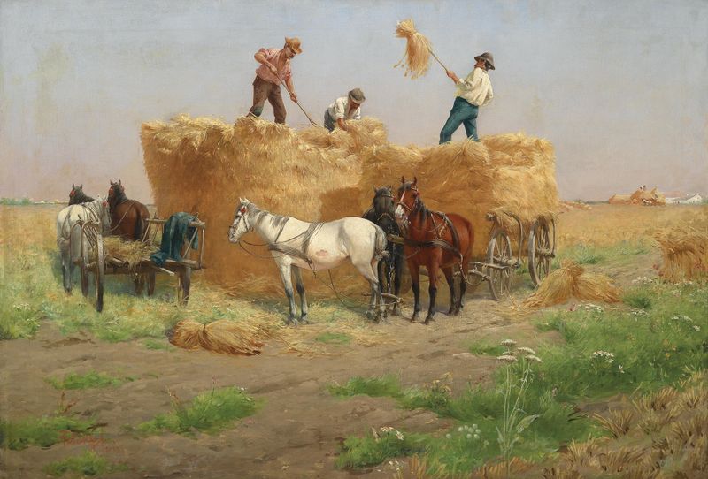 Paisaje de paja dorada en Heuernte de Laszlo Pataky von Sospatak, pintura al óleo