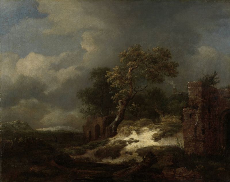 Landscape with Ruins by Jacob van Ruisdael, oil on canvas depicting ruins and golden light.