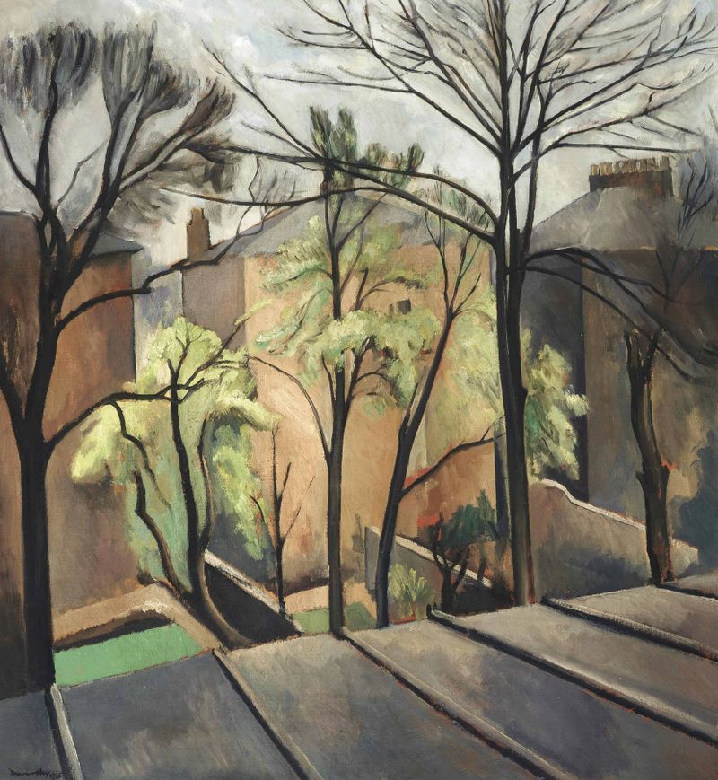 Hampstead House, rear view, óleo sobre lienzo de Bernard Meninsky, mostrando arquitectura y naturaleza.