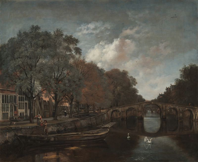 Paisagem de canal com reflexos ao pôr do sol de Jan Wijnants, pintura a óleo