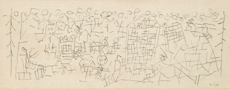 Abstract oil painting by Paul Klee depicting a town with intricate lines and colors.