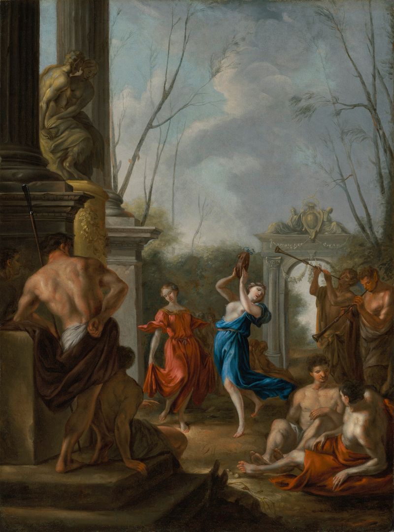 A Bacchanale in a classical courtyard de Johann Heinrich Schönfeld, pintura a óleo que retrata uma dança vibrante.