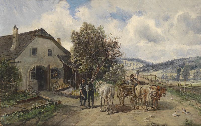 Vor der Schmiede, oil on canvas by Ignaz Ellminger showing figures near a forge.