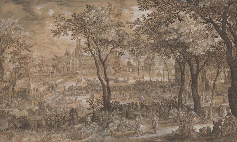 Venetian Party in a Chateau Garden, oil on canvas by David Vinckboons featuring elegantly dressed figures in a lush garden.