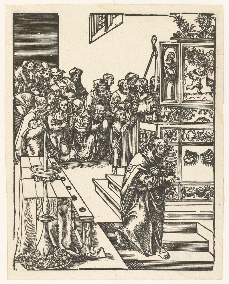 Cena religiosa de Johannes de Evangelist em seu túmulo, obra em papel de Lucas Cranach