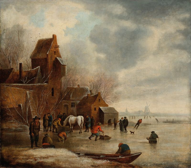 Winter landscape with skaters on ice, oil on canvas by Nicolaes Molenaer