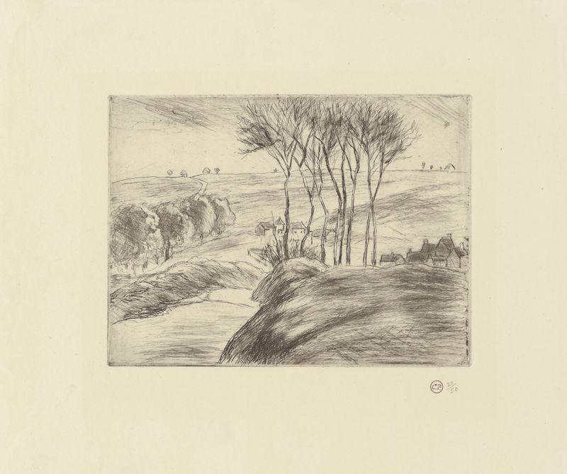 Paysage à Osny de Camille Pissarro, óleo sobre lienzo que representa un paisaje tranquilo con suaves tonos.