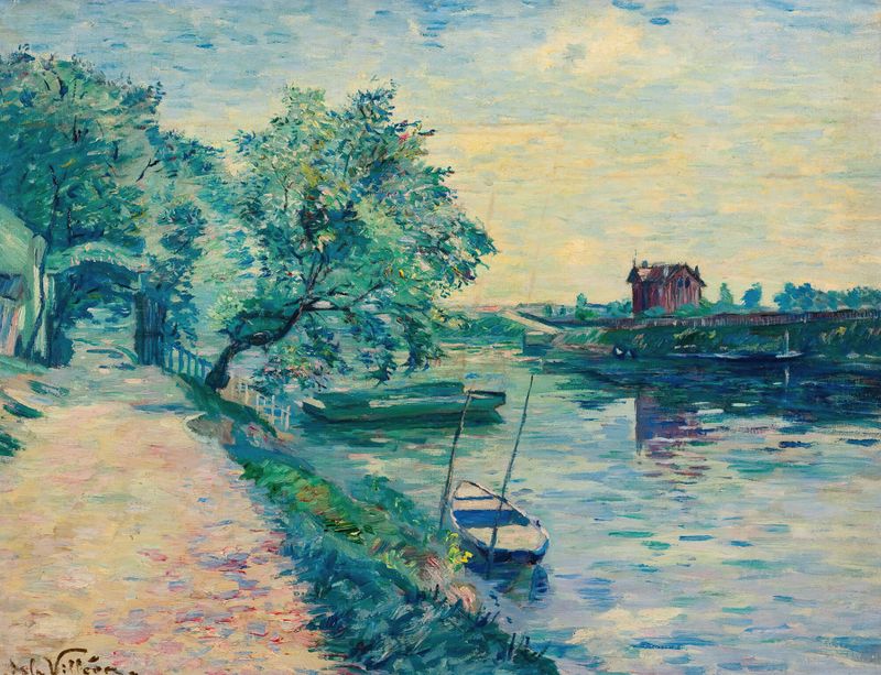 Riverside gathering with colorful tents, oil on canvas by Emmanuel de La Villéon