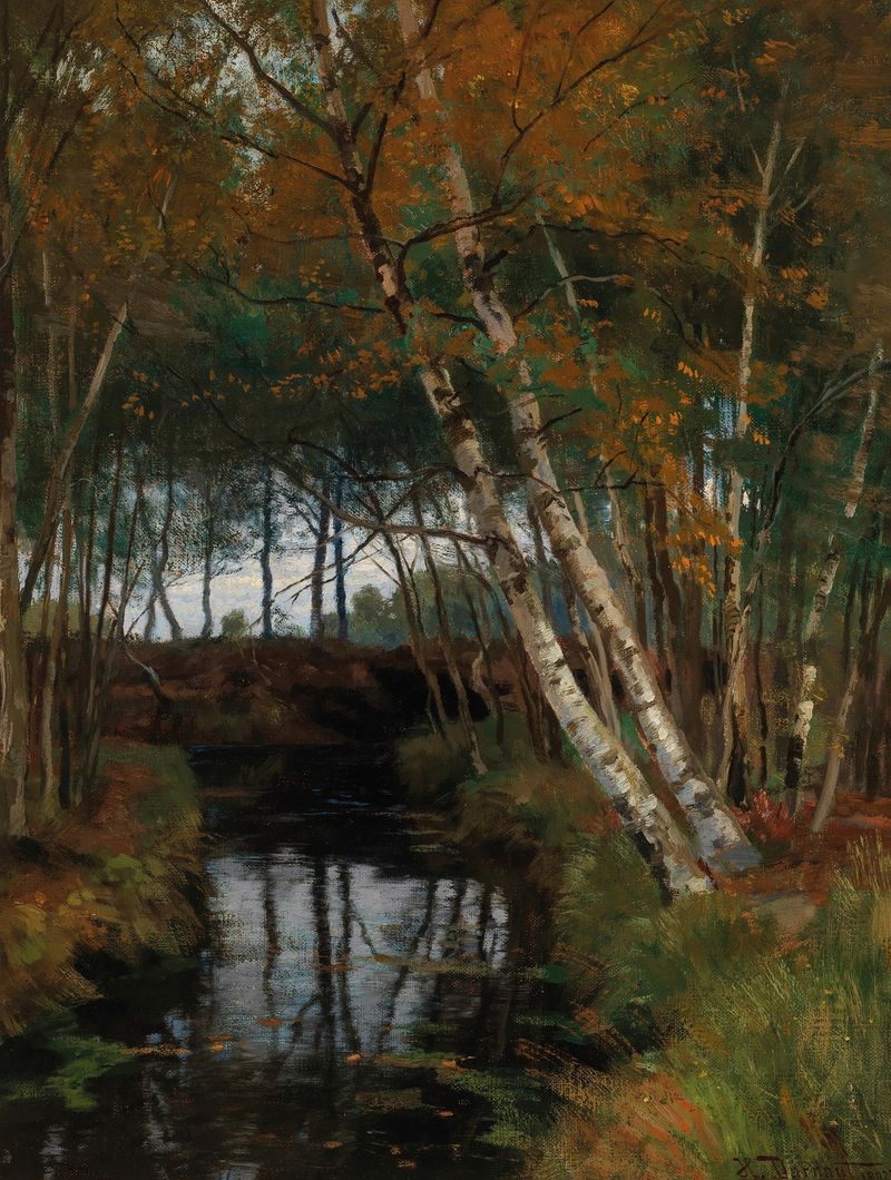Uma paisagem com um riacho e bétulas, óleo sobre tela de Hugo Darnaut