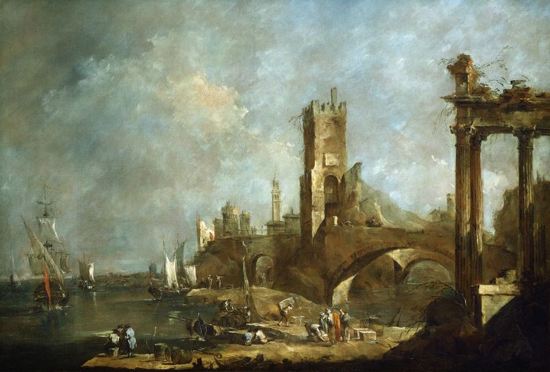 Pintura rococó de Francesco Guardi mostrando um porto com barcos e um céu pastel.