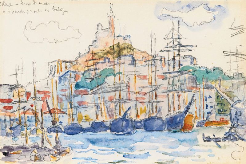 Marseilles de Paul Signac, pintura al óleo que representa un vibrante paisaje marino con barcos y el mar
