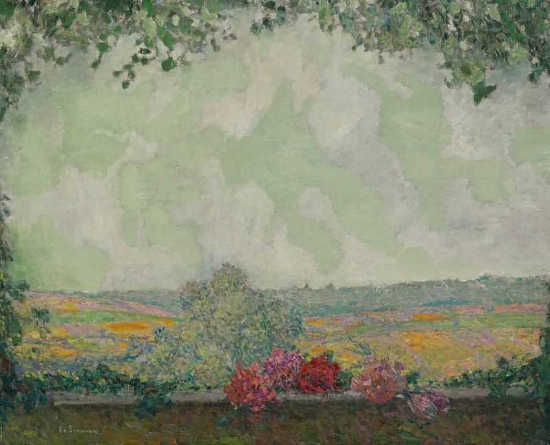 Vue De La Terrasse, oil on canvas by Henri Le Sidaner, depicting a terrace at sunset with glassware.