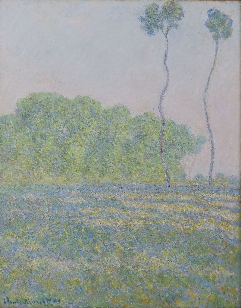 Meadow at Giverny de Claude Monet, óleo sobre lienzo que representa un jardín exuberante con luz filtrándose entre los árb...