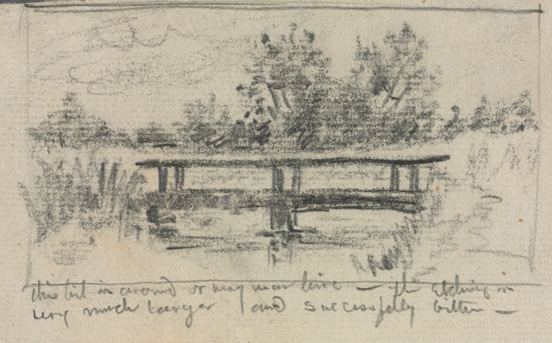 El Puente, Schleissheim de Otto Henry Bacher, pintura al óleo que representa un puente sobre un río.