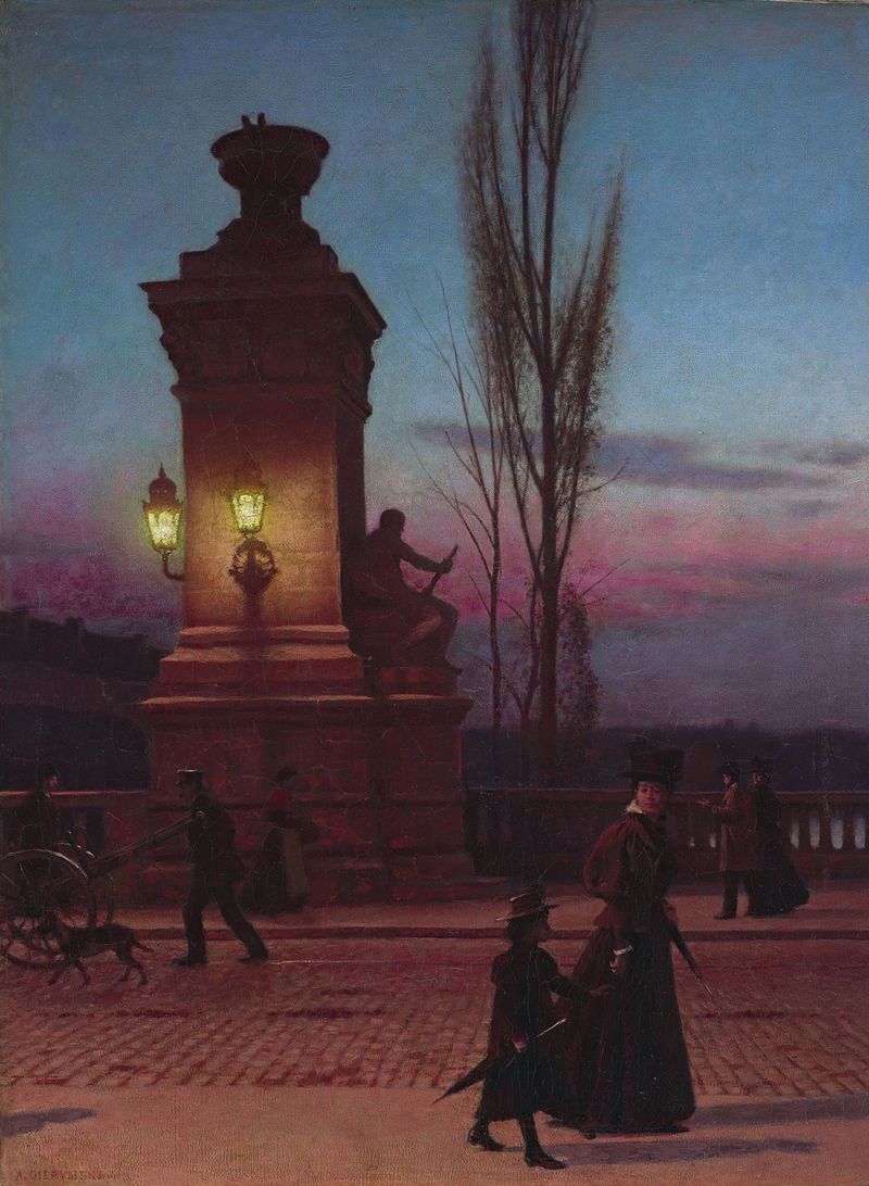 Ludwig Bridge in Munich de Aleksander Gierymski, impressionismo, retratando uma tranquila cena de rio ao crepúsculo.