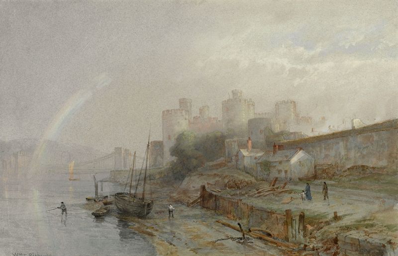 Conway Castle, País de Gales de William Trost Richards, pintura a óleo que retrata um lago sereno e um castelo.