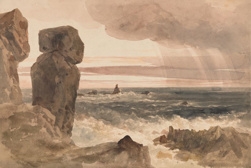 Seascape with Rocks Lizard, Cornwall de Peter DeWint, óleo que muestra un mar tranquilo y rocas rugosas