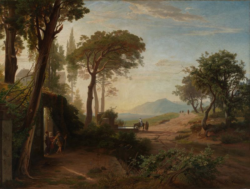 Pintura a óleo de Johann Wilhelm Schirmer retratando um viajante em uma paisagem ao amanhecer.