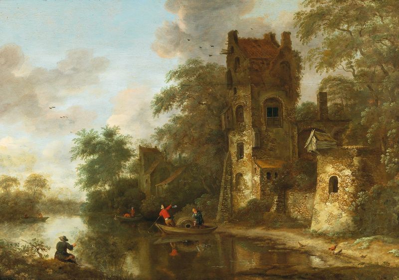 Landscape with a ruin on the riverbank, oil on canvas by Roelof Jansz. van Vries