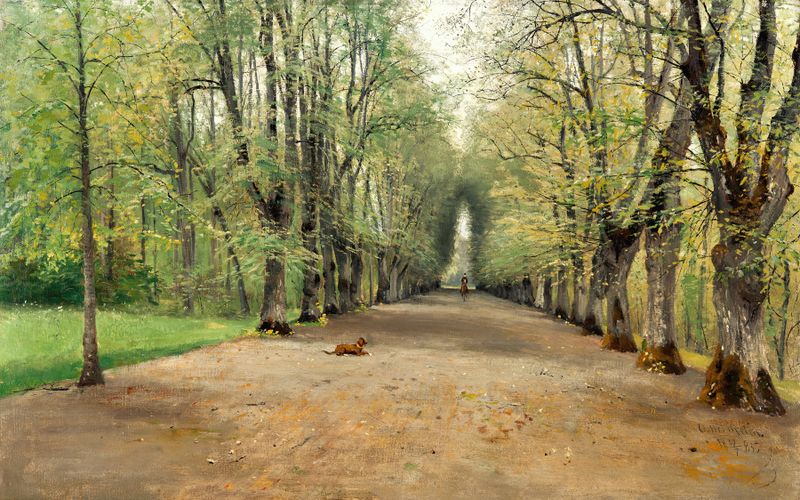 Avenue at Strömsholm, óleo sobre tela de Olof Hermelin, com um caminho ladeado de árvores.