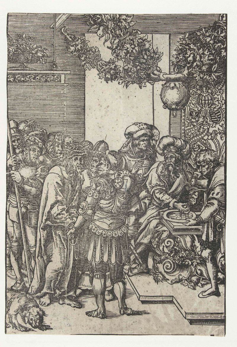 Pilatus wast zijn handen, grabado de Lucas Cranach (I), que muestra a Pilato lavándose las manos sobre una palangana.