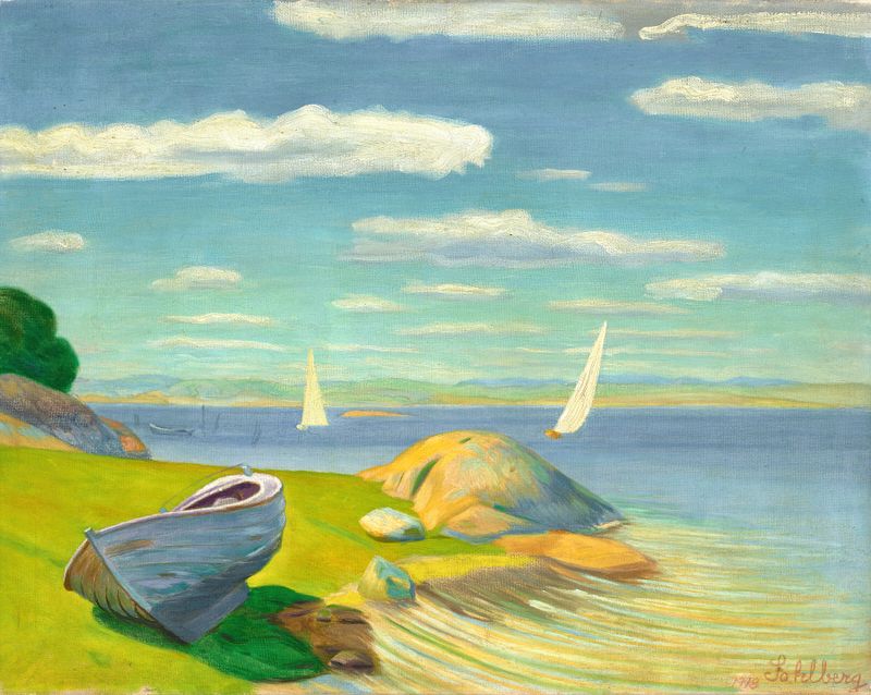 Båten (Viksfjord) by Harald Sohlberg, oil on canvas depicting a boat on a calm lake