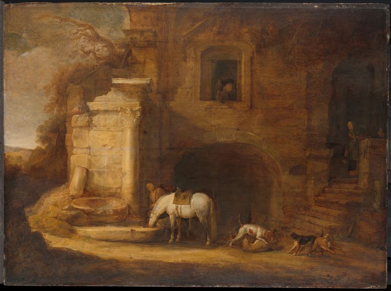 Retorno do Falconeiro de Simon de Vlieger, óleo sobre tela que retrata um falconeiro em uma paisagem tranquila.