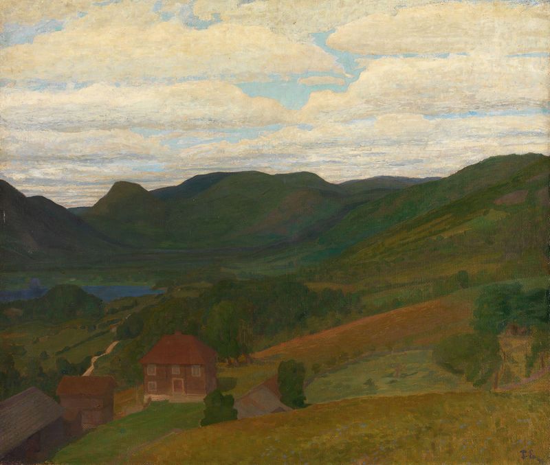 Paisaje con una vieja granja de Thorvald Erichsen, pintura al óleo