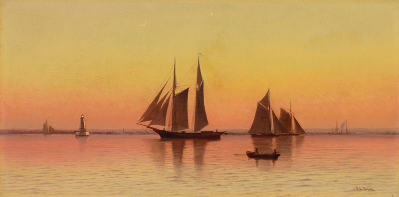 Veleiros ao pôr do sol, pintura a óleo de Francis Augustus Silva
